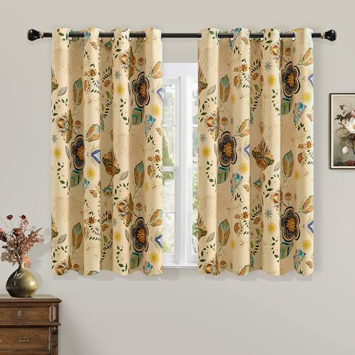 XiDi Floral Blackout Bedroom Curtains 63 Inches Long for Bedroom 2 Panels | Thermal Insulated Room Darkening Noise Reducing Eyelet Curtain Boho Flower Patterned Window Drapes,W52 x L54 inch,Beige