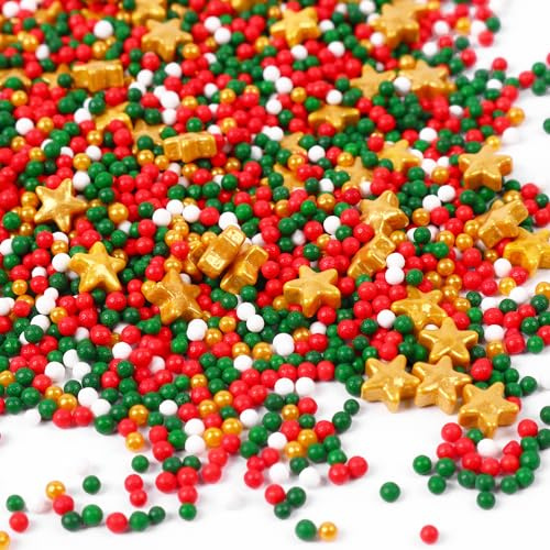 Décors Sucrés Noël 130g - Nonpareils Rouge, Vert, Blanc et Étoiles Dorées - Décoration Alimentaire Comestible pour Gâteaux, Biscuits et Desserts Festifs