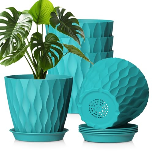WSMKSZ 20cm Plant Pots Indoor Outdoor, 5 Pack Decorative Flower Pots | Plastic Planters Pots with Saucers & Drainage Holes, 3D Modern Wave Texture, for Pothos, Peace Lilys&House Plants, Blue-Green