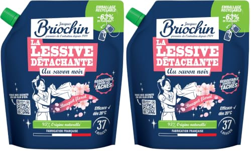 JACQUES BRIOCHIN - Recharge lessive détachante au savon noir - Parfum bouquet floral - 37 lavages - Redoutable contre les taches - 95% d'origine naturelle - Fabriqué en France - 900ml