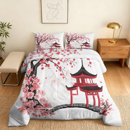 Generisch Japanische Bettdecke 155x220 4 Jahreszeiten, Ohne Bezug, 1 Kissenbezug 80x80, Orientalisch Asiatisch Motiv Wende Steppdecke, Schlafzimmer Deko, Geschenke, Superweich - S&E861