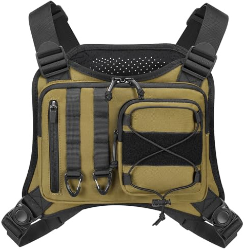 Taktische Brusttasche für Herren und Damen, Leichte Lauf-Brusttasche mit Extra Stauraum, Laufweste für Outdoor und Sport (Khaki)
