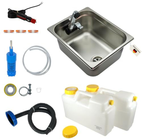 madelee Camping Spülbecken/Waschbecken Set aus Edelstahl 32,5 cm x 26,5 cm x 15 cm mit Armatur London 12 V, 25 mm Anschluss, 12 V Wasserpumpe für Campingküche/Vanküche/Food-Truck-Ausbau
