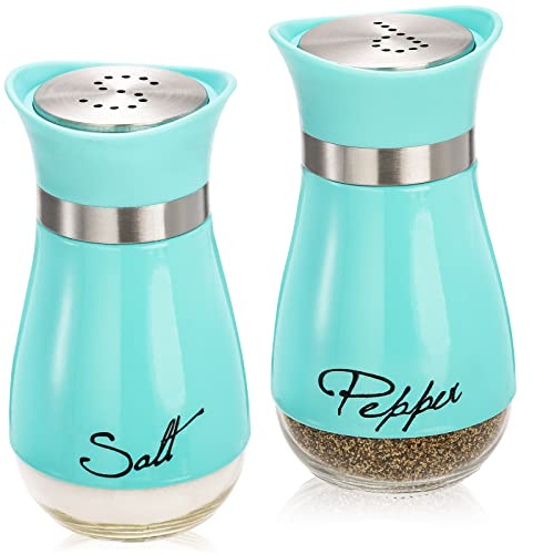 Tebery 2 Pack 4oz Blue Salt and Pepper Shakers Set, Stainless Steel & Glass Spice Dispenser, Classic, Refillable Design Salt and Pepper Grinder Set for Kitchen, BBQ, Camping, Restaurant
