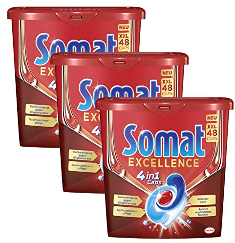 Somat Caps Excellence 4 en 1, 144 (3 x 48), tapas para lavavajillas para una limpieza excelente, brillo brillante y cuidado cuidadoso para platos y lavavajillas