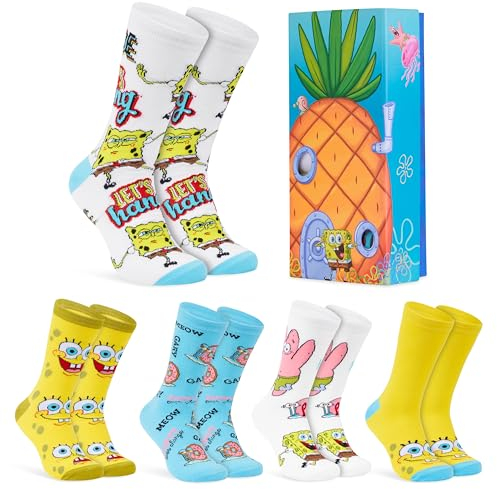 SPONGEBOB SQUAREPANTS Lustige Socken Herren, 5er Pack Swammkopf Bunte Socken Herren Set (Gelb/Mehrfarbig, 40-45 EU)