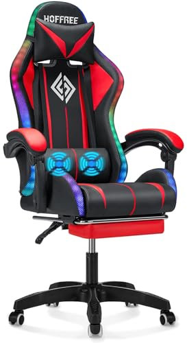 Gaming Chair Massage with LED RGB Lights and Footrest Ergonomic Computer Gaming Chair with High Back Video Game Chair with Adjustable Lumbar Support Red and Black