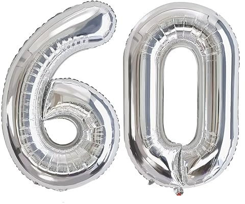 Vthoviwa 40 Zoll/18 Farbens Luftballon Zahlen 60 Silbrig, Luftballon 60. Geburtstag Foil Ballon, 0123456789,10-19,20-25,30,40,50,60,70,80,90, Folienballon 60 Party Dekoration Helium Unterstützen