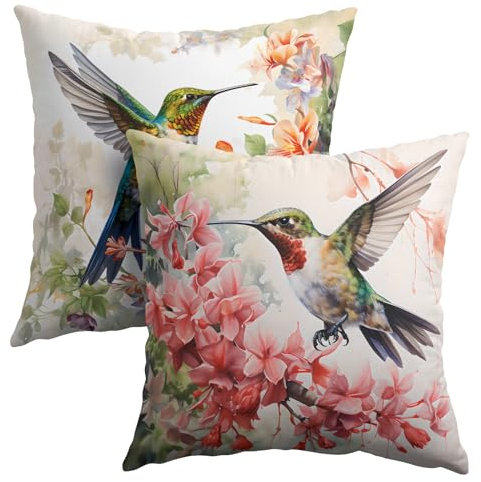Granbey Kissenbezüge mit Aquarell-Vogelmotiv, Frühlingskolibri, Outdoor-Kissenbezüge, 40,6 x 40,6 cm, Sommer-Kissenbezüge mit tropischen Blumen, 2er-Set, Kissenbezüge für Terrasse, Möbel, Bett