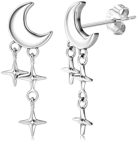 JeweBella Mond Stern Ohrringe Silber 925 Hängend für Damen Mädchen Kinder - Hypoallergene Kleine Mond Ohrstecker Mit Stern Anhänger - Tropfen Ohrringe Silber/Gold/Roségold