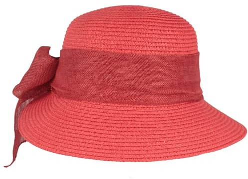 Breiter Damen Strohhut Glocke Strandhut Schute Krempe und modischer Schleife Damenhut 100% Papier Mittelrot
