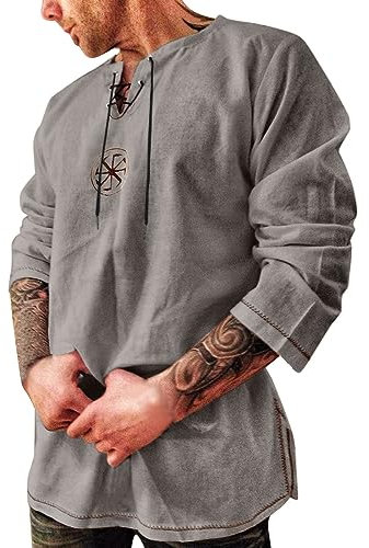 Generisch Pirate Costume,Wikinger Tunika Herren Leinenhemd Mittelalter Kleidung Herren Steampunk Mantel Herren Kreuzritter Tunika Herren Halloween Piraten Accessoires