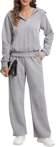REORIA Damen Baumwolle Zweiteiler Großer Revers V-Ausschnitt Jogginganzug Langarm Trainingsanzug Hausanzug Sport Set Lounge Set Grau L