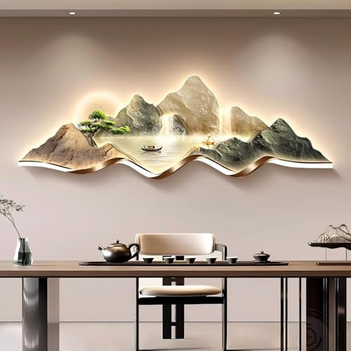 KEJIAWU 3D Wanddeko, Moderne Wandkunst, Wandskulpturen-Kunst mit LED, Chinesische Kreative Landschaftsbildwand for Zuhause, Wohnzimmer, Arbeitszimmer, Schlafzimmer-Dekor(Natural,39.4 * 13.8in)