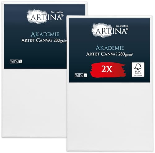 Artina Keilrahmen 50x80cm FSC® 2er Set Leinwand zum Bemalen Acrylfarben | Canvas 2er Set Leinwände Baumwolle grundiert Künstlerbedarf Acryl Ölfarbe Aquarell Malen bespannt Malleinwand Weiß Akademie