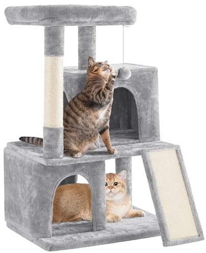 Yaheetech Cat Tree, 106cm Multilevel Cat Tower with Double Condo Scratching Post Dangling Ball for Small/Medium Kittens Pets, Pet Furniture House Light Grey