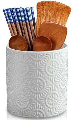 GOMETY Porte-ustensiles de cuisine, porte-ustensiles de cuisine, porte-ustensiles pour comptoir de cuisine, porte-couverts en relief, organisateur d'ustensiles blanc, récipient en céramique pour