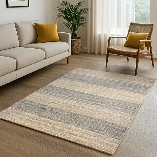 MY-RUG Handweb-Teppich aus Jute, Natur Wohnzimmerteppich, weicher Jute Teppich flach gewebt, handgemachter Juteteppich in skandinavischem Landhaus Stil, Earth Weave, gestreift, eckig 290 x 160 cm