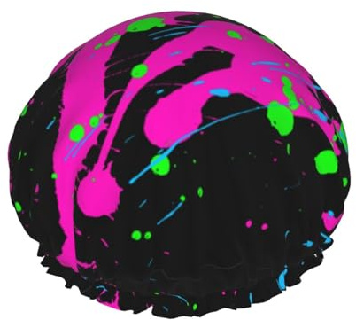 Glow In Dark Splatter Neon Shower Cap Reusable Double Waterproof Layers Bathing Shower Hat Hair Protection Shower Hat