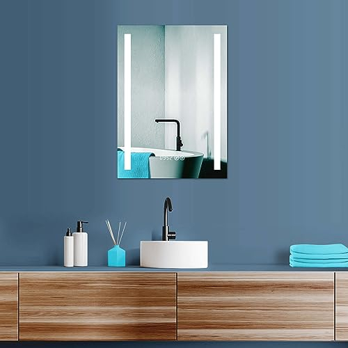 HOKO LED Badspiegel 50x70 cm. Mit Uhr + ANTIBESCHLAG SPIEGELHEIZUNG. Design Bad Spiegel mit Beleuchtung. + LED Wechsel - Warmweiß - Kaltweiß - Neutral