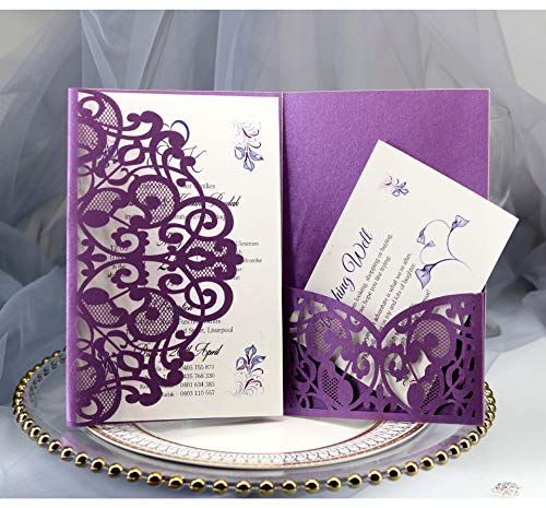 BLUGUL 10pcs Tarjeta de invitación de Boda, Invitaciones de Boda, Hollow Floral Design, con 2 Tarjetas en Blanco, Morado oscuro