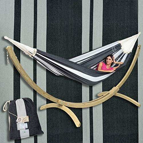 XXL Familien-Hängematte mit FSC Holz-Gestell KOMPLETT-SET ? 4 Personen bis 200 kg | Amazonas Paradiso Silver Grau + Olymp NATUR
