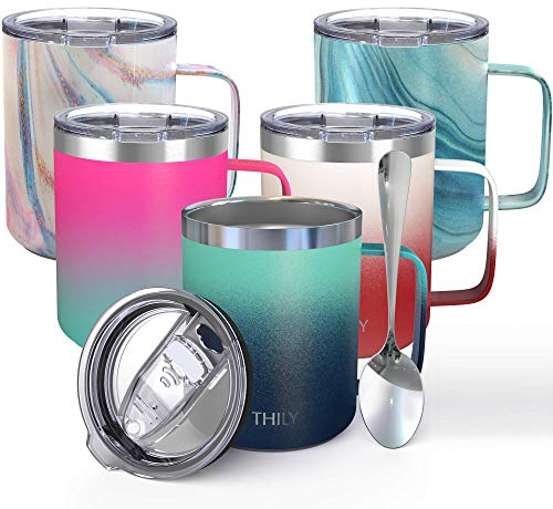 THILY Stainless Steel Insulated Travel Mug 350 ml Vacuum Insulated Coffee Cup with Handle, Spill-Proof Lid, Keep Coffee Cold or Hot, Ombre: Green & Navy