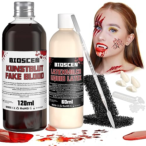 Kunstblut & Latexmilch Makeup Set, Halloween Zombie Vampir Wundschorf Schminke zum Wunden & Narben, Spezialeffekt Auswaschbar Fake Blood 100ml & Liquid Latex 60ml mit Make-up Schwamm und Spatel
