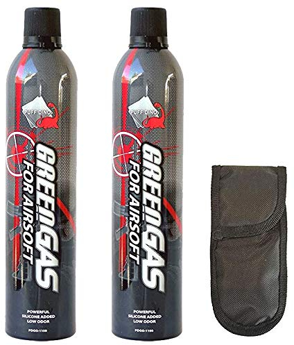 Tiendas LGP. Pack 2 Botellas Green Gas Puff Dino 600 ml para Pistolas de Airsoft Que Funcionan por Gas + Funda Portabalines
