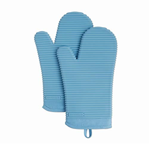 KitchenAid Ribbed Soft Silicone Oven Mitt Set, 7x13, Blue Velvet 2 Count