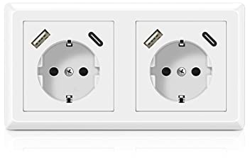 Schuko Enchufe USB, Kaifire Doble Enchufe de pared con USB y Tipo C Toma de Corriente pared Empotrado para Smartphone, Tableta, MP3, etc.