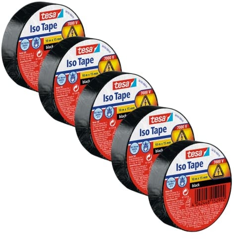 tesa nastro isolante in confezione da 5, Nastro isolante autoadesivo, resistente al calore, Per isolare, riparare e impacchettare, 5x 10 m : 15mm, Nero