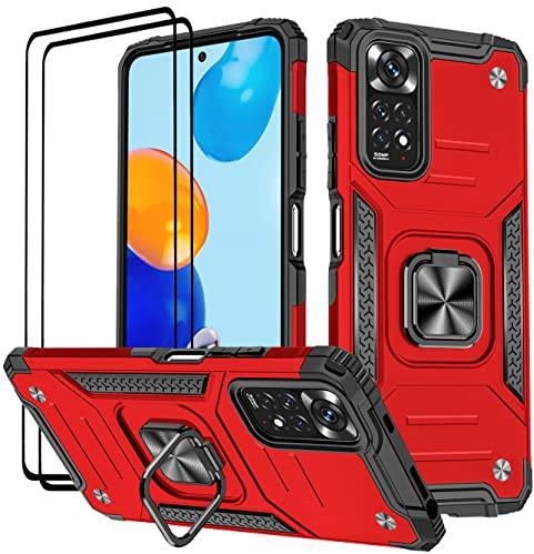 KANSi Cover per Xiaomi Redmi Note 11 / Redmi Note 11S 4G (6.43), Vetro Temperato [2 Pack] Custodie Silicone TPU 360° Rotante Anello Magnetica Anello Ring Supporto Bumper - Rosso