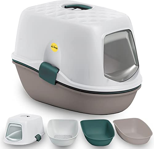 CAT CENTRE Jumbo Sifting Hooded Cats Litter Tray Grey 58cm Scoopless Sieve Toilet Detachable Hood Top Cats Box Flip Entrance No-spillage Loo Easy Cleaning Durable Safe Plastic Made in Italy