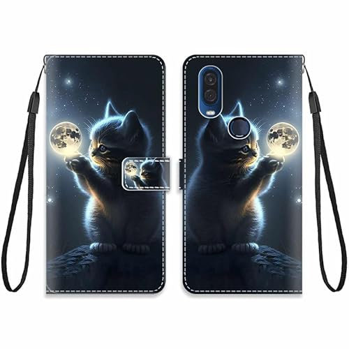 KARTXITAI Cuir Coque Compatible avec Motorola One Vision Antichoc avec Support Clapet Design Motif Drôle Étui Bumper Portefeuille Magnétique Créatif Case Cover Housse-Lune Chat,Ciel,étoiles