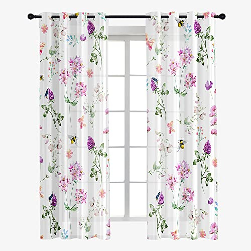 Hiseng Cortinas Salon Modernas 2 Piezas, Cortina Translucidas Estampado Floral 3D con Ojales, Visillos Cortos para Dormitorio Cocina Ventanas Comedor Habitacion (55x95cm,Flor Purpura)