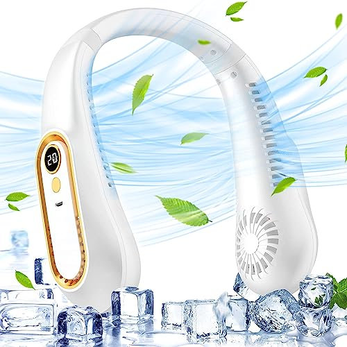 mebiusyhc Portable Neck Fan,720° Airflow Neck Fans Rechargeable 5-Speeds Bladeless Fan, USB Powered Hands-Free Mini Fan Neck Fans Rechargeable, for Home Office Travel Sports Outdoor (White) (meyc121)