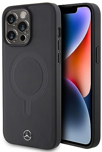 CG MOBILE Mercedes-Benz Handyhülle kompatibel mit Magsafe iPhone 15 Pro Max in Schwarz, Echtleder, schützende & langlebige Hülle mit einfachem Snap-on, Stoßdämpfung & Signatur-Logo