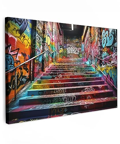 MuchoWow© Cuadros Salon Modernos 120x80 cm Adornos Pared Decorativos Dormitorio Lienzo Pinturas Quadro Decoración Escalera - Graffiti - Colores - Arte