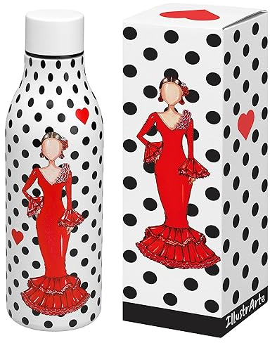 IllustrArte Botella Térmica de 500ml - Acero Inoxidable Doble Pared, Aislamiento al Vacío, Libre de BPA, Resistente a Arañazos y Condensación - Diseño Flamenca con Vestido Rojo