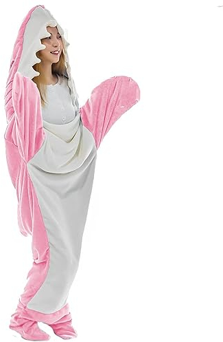 Samnuerly Hai Blanket Hoodie Erwachsene Zum Anziehen Hai Deckenschlafsack Hai Decke Kostüm,Flanell Tragbare Shark Blanket Hoodie Hai Decke Anzug (Pink XL)