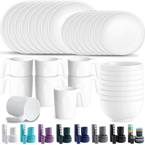 Kyraton Cubiertos de plástico Juegos de 32 piezas, reutilizables Platos ligeros Tazas Cuencos Platos Fácil de llevar y limpiar Microondas Seguro BPA Lavavajillas seguro Servicio seguro para 8