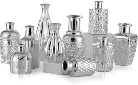Glasseam Kleine Vase Silber, 10er Deko Vasen Set, Glasvase Klein, Blumenvase Modern Vasen Glas für Hochzeit Tischdeko, Mini Vase Aesthetic für Wohnzimmer Tisch Weihnachten Dekoration Tischvasen