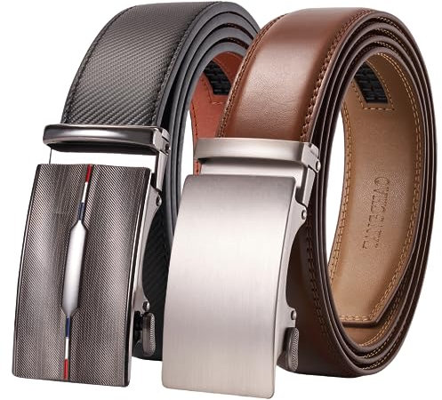 TANGCHAO 2 Stücke Gürtel Herren,Ledergürtel Ratsche Automatikschließe für Herren Business Anzug Jeans, 35mm Gürtel,Größe Einstellbar 23Schwarz+26Cognac 125cm