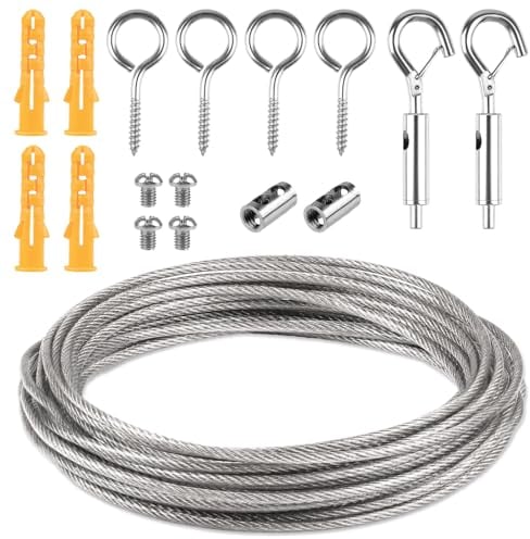 Drahtseil Rankhilfe Set, 5M x 2mm Edelstahl Draht Seil, Stahlseil mit Ösen und Haken, Seilspanngarnitur - für String Light Suspension, Gardinenseil, Kletterpflanzen, Duschvorhangseil - 17 Pcs