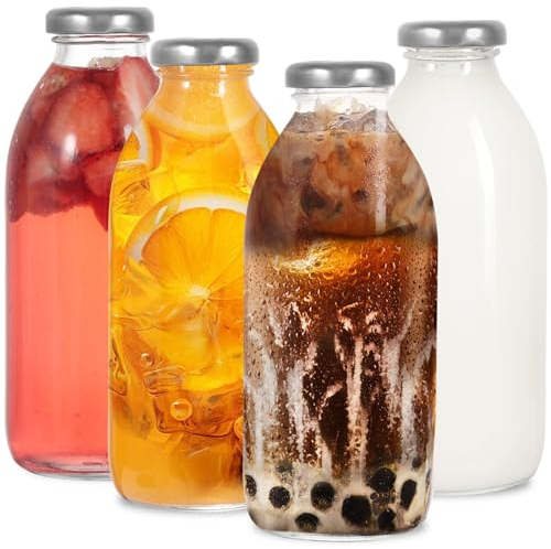 LIMILI Glass Bottles with Lids, 4PCS Glass Milk Bottles with Lids 500ml Clear Glass Drinking Bottles Juice Bottles Smoothie Reusable Milk Bottles for Protein Prep, Fridge and Dishwasher Safe