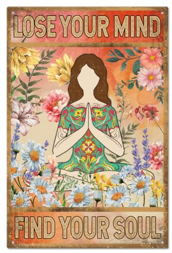 GLOBLELAND „Verliere Deinen Verstand Finden Sie Ihre Seele „Vintage Metall Yoga Frau Blechschild Plakette Poster 12x8 Zoll Retro Metall Wand Dekorative Blechschilder Für Home Shop Club