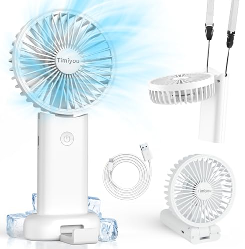Timiyou Handventilator, Mini Ventilator für Unterwegs, Ventilator Klein mit Lanyard und Base, Handventilator Akku Aufladbar, Usb Ventilator für Outdoor Camping Büro Hause Reisen(Weiß)