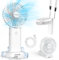 Timiyou Ventilador de mano, mini ventilador para viajes, pequeño con cordón y base, ventilador de mano con batería recargable, ventilador USB para exteriores, camping, oficina, casa, viajes (blanco)