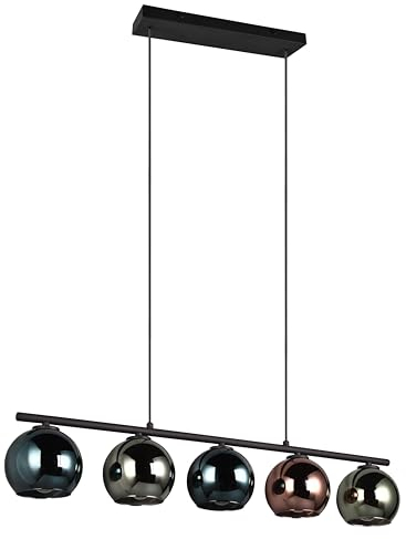 Reality Leuchten Pendelleuchte Sheldon R31305017, Metall Schwarz matt, Metall Schwarz matt, Glas Blau/Grün/Kupferfarbig, exkl. 5x E14